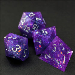 Purple Glitter Sharp Edge DND Dice Set | Gold Flake w/Silver Numbers (Online Only)