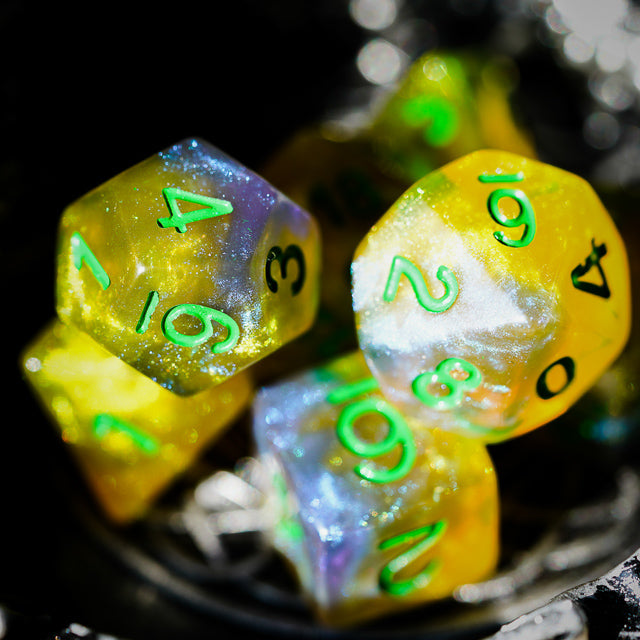 Blue & Yellow w/green Galaxy Glitter 7-Dice Set RPG (Online Only)