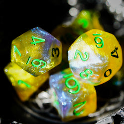 Blue & Yellow w/green Galaxy Glitter 7-Dice Set RPG (Online Only)