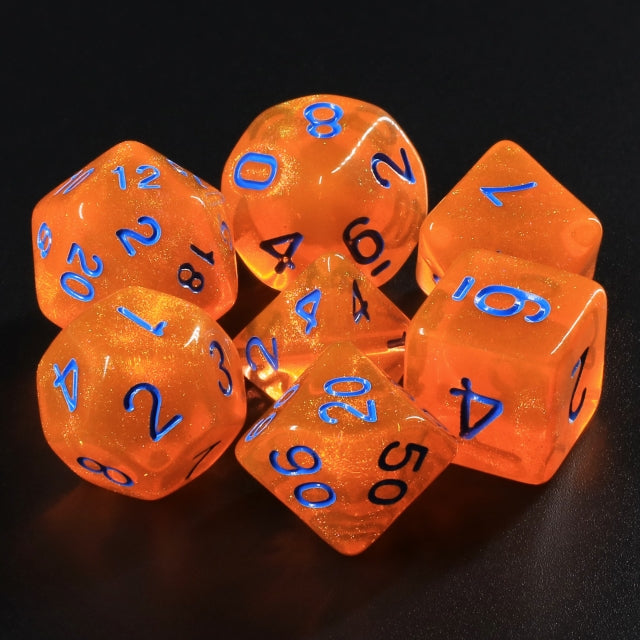 Pumpkin's Orange Glitter with Blue Numbering 7-Dice Set RPG (Online Only)