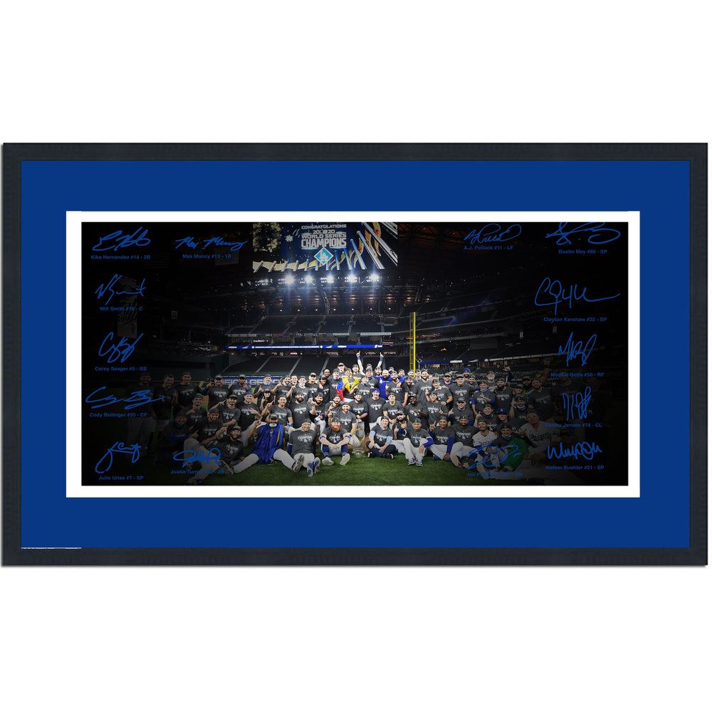 Framed Los Angeles Dodgers 2020 World Series Champions Facsimile Signature Team Auto 16x24 Baseball Photo (ONLINE ORDER ONLY)