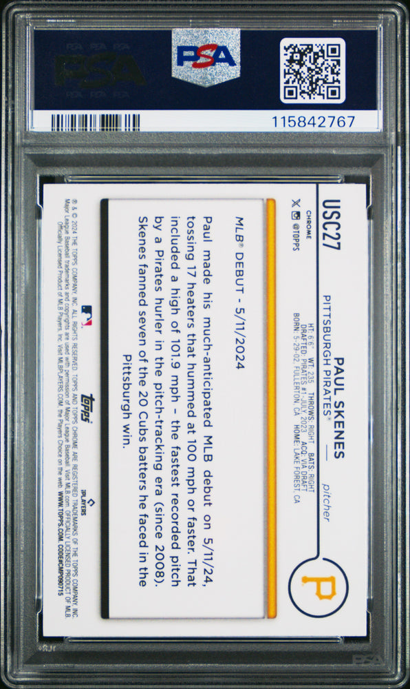 Graded 2024 Topps Chrome Update Paul Skenes #USC27 XFractor Rookie RC Baseball Card PSA 10 Gem Mint (ONLINE ORDER ONLY)