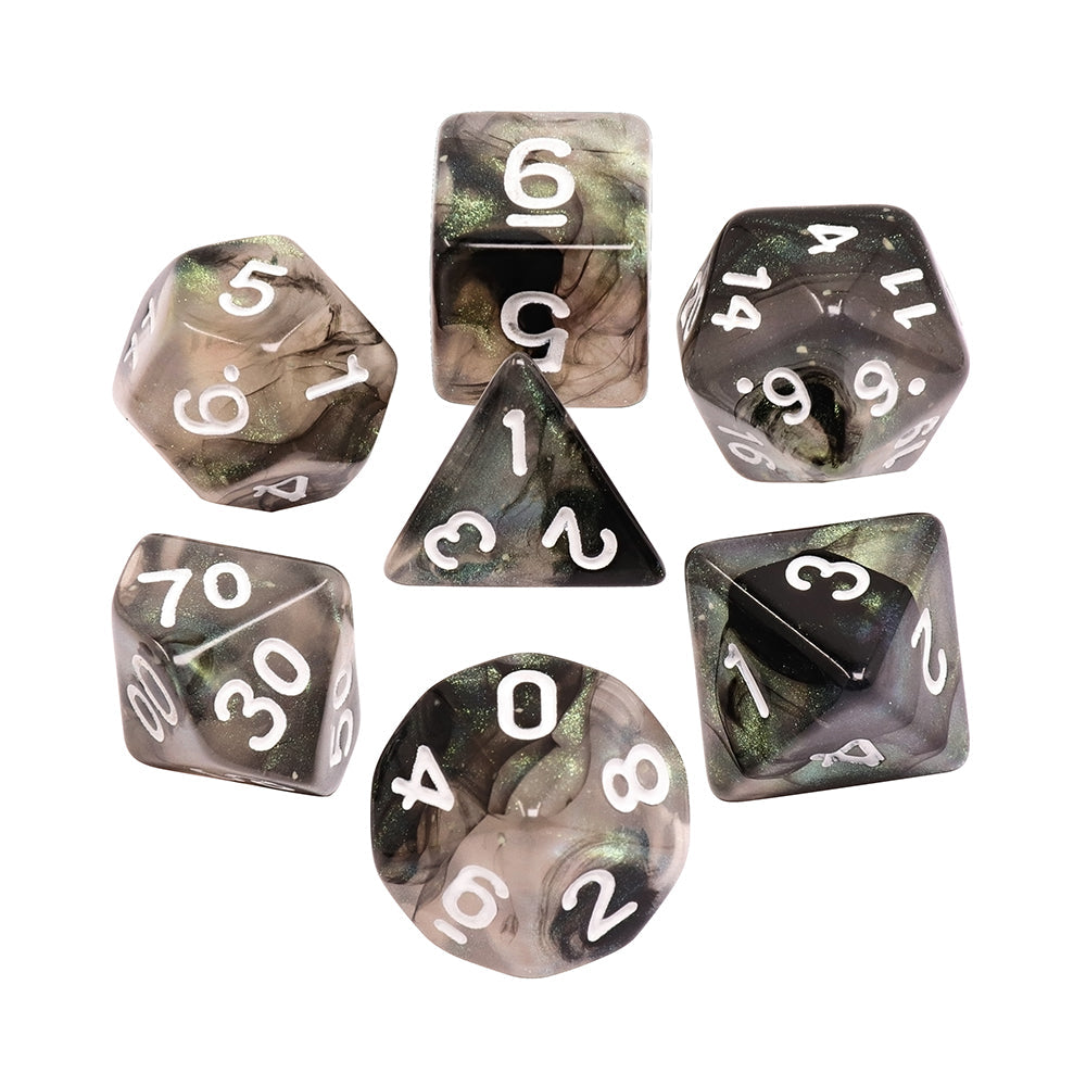 Stellar Explosion 7-Dice Set Black/Silver w/White Numbers Dnd Dice Set (Blacklight reactive) (Online Only)