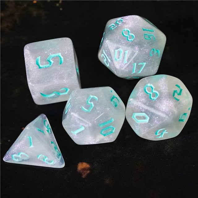 Glitter Party White Glitter Dice (Mint font) 7-Dice Set RPG DND (Online Only)