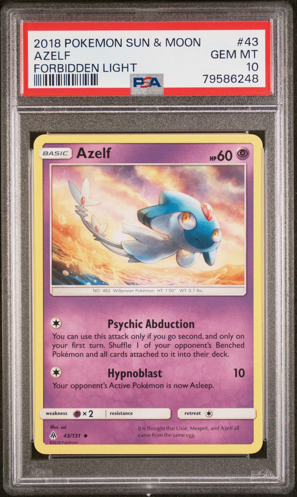 2018 POKEMON SUN & MOON FORBIDDEN LIGHT AZELF #43 - PSA GEM MT 10 (Online Order Only)