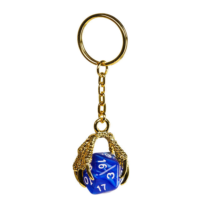 Claw Blue D20 Keychain Featuring Gold Metal Dragon Claw + d20 (Online Only)