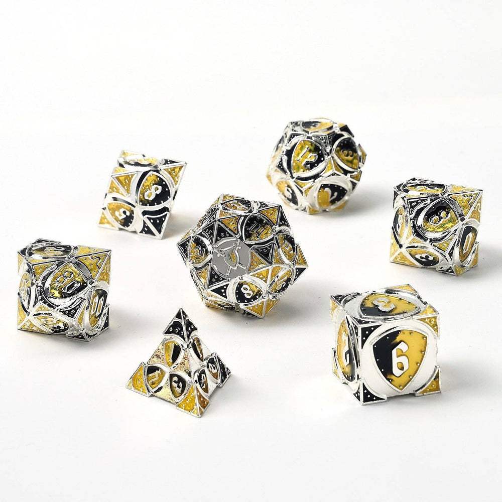 Solid Metal Fighter Class RPG Dice Set - Silver/Yellow/Black (ONLINE ORDER ONLY)