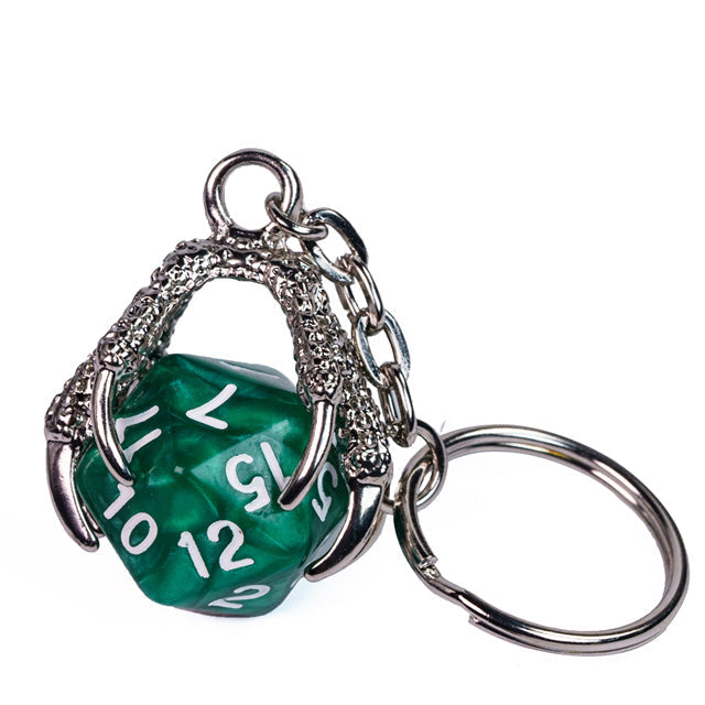 Claw Green D20 Keychain Featuring Silver Metal Dragon Claw + d20 (Online Only)
