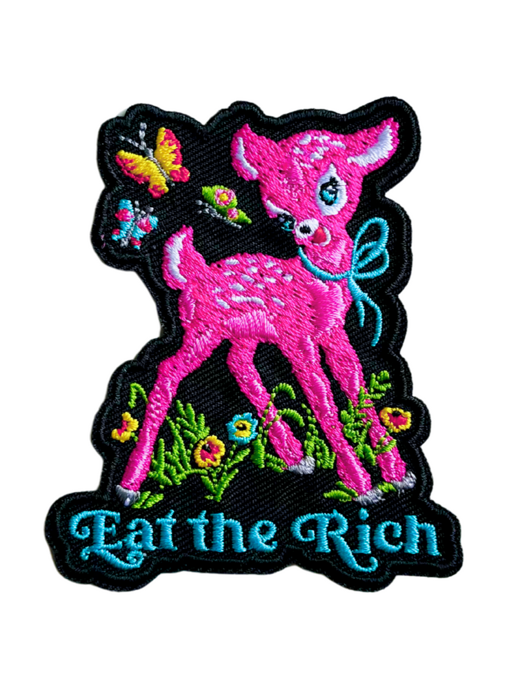 Eat the Rich” Pink Deer Patch – Anti-Capitalist Iron-On Embroidered Statement Patch (Online Order Only)