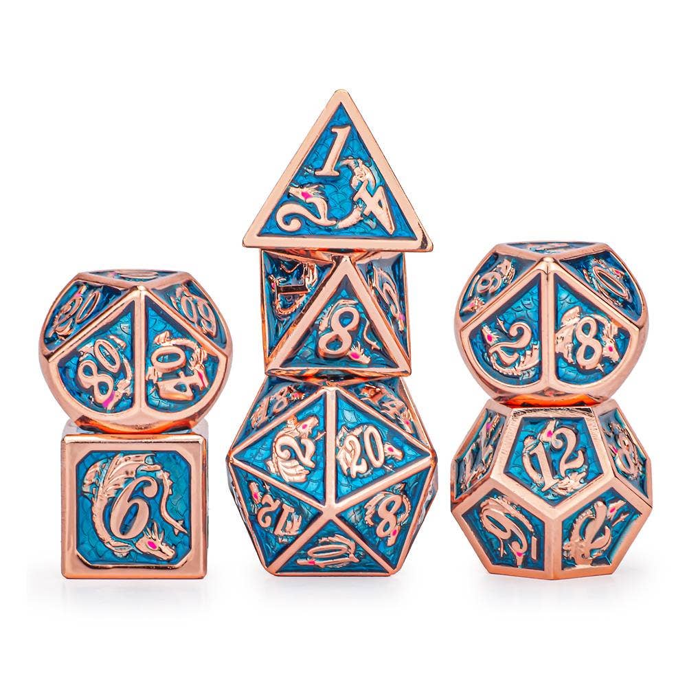 Copper with Light Blue Solid Metal Dragon Dice set (ONLINE ORDER ONLY)
