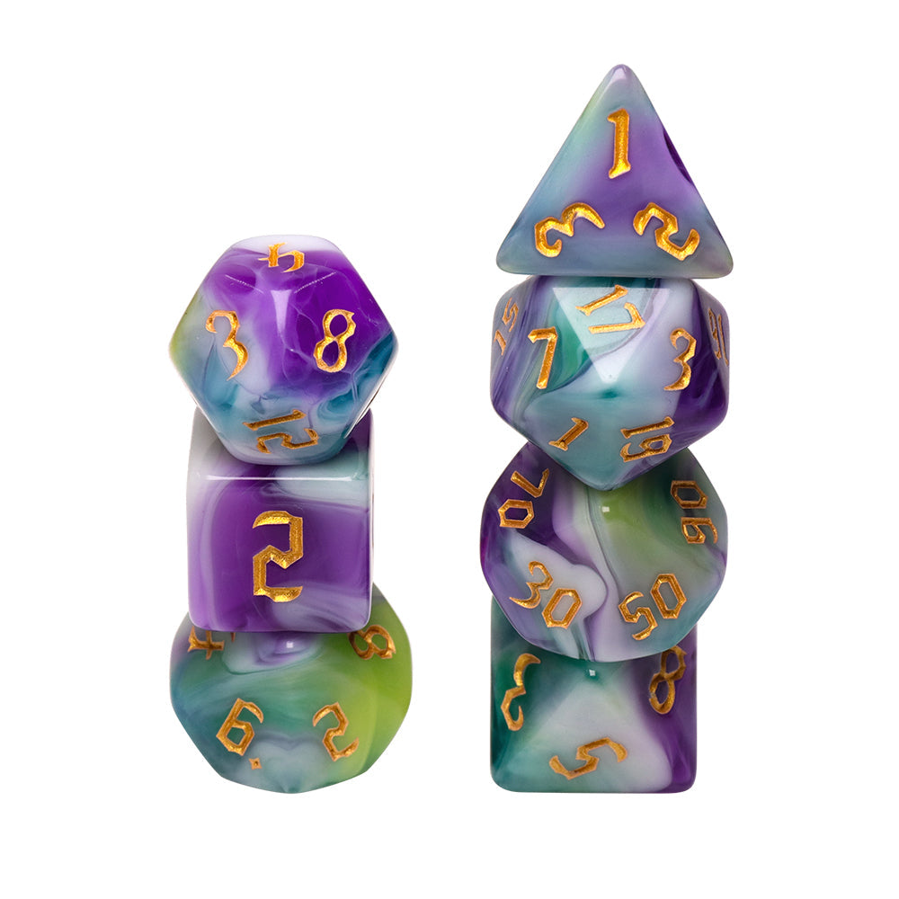 Siberian Iris 7-Dice Set Purple/White/Green w/Gold Numbers Dnd Dice Set (Online Only)