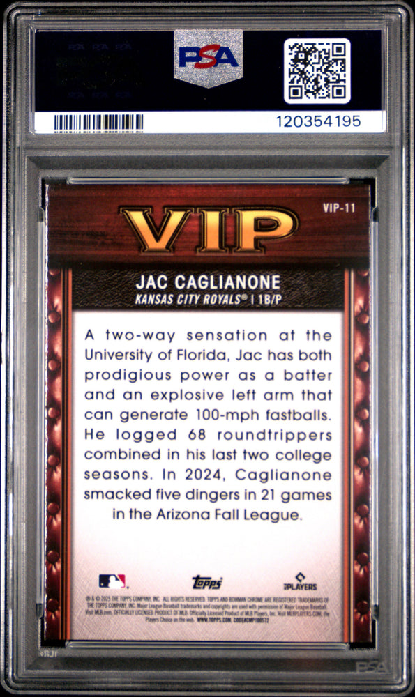 Graded 2025 Topps Bowman Jac Caglianone #VIP11 Very Important Prospects Rookie RC Baseball Card PSA 10 Gem Mint (ONLINE ORDER ONLY)
