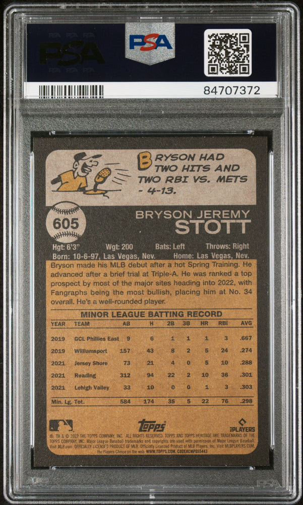 2022 TOPPS HERITAGE BRYSON STOTT  #605 - PSA 10 ROOKIE CARD (Online Order Only)
