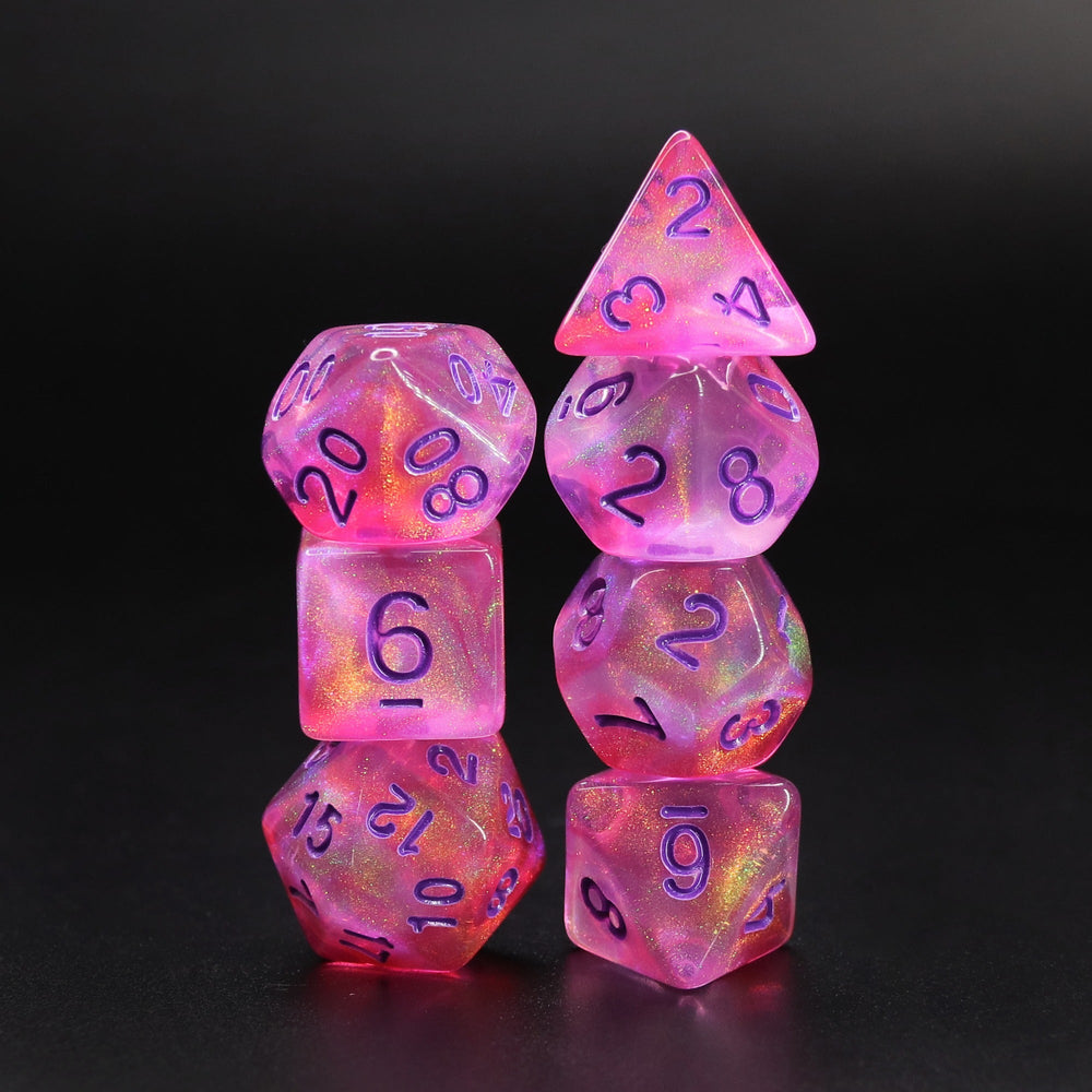 Cheshire Glitter Pink with Purple Numbering 7-Dice Set RPG (Online Only)