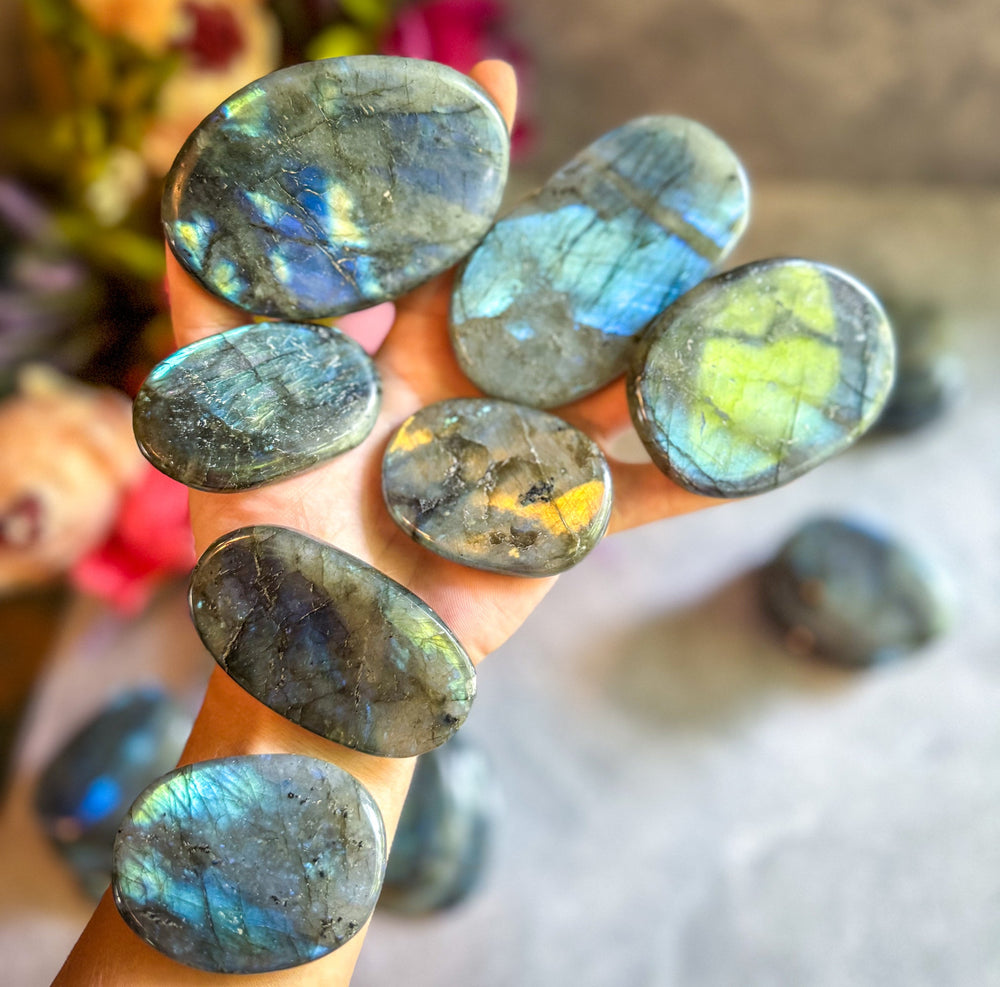 FLAT Labradorite Palm Stone, Bulk 1 Lb Bag (ONLINE ORDER ONLY)