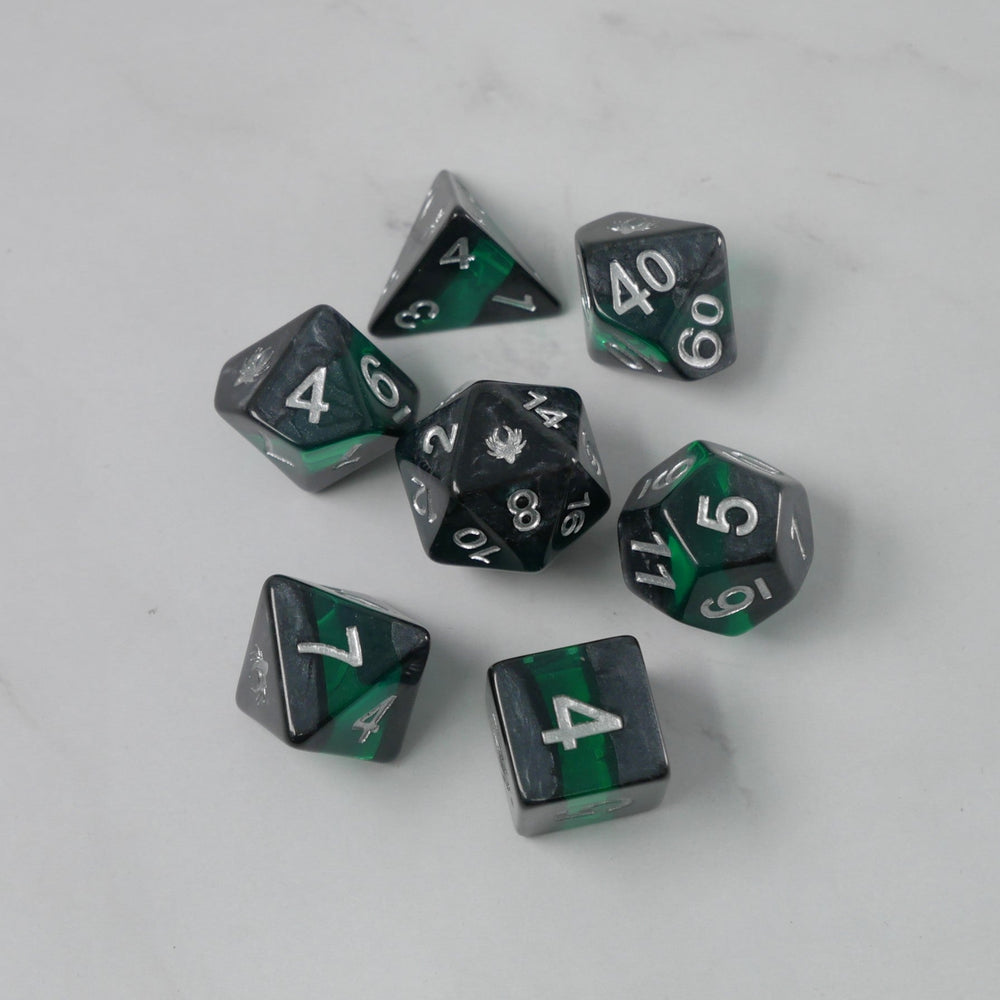 Forgotten Emerald - 7 Piece DnD Dice Set | Acrylic RPG Gaming Dice (ONLINE ORDER ONLY)