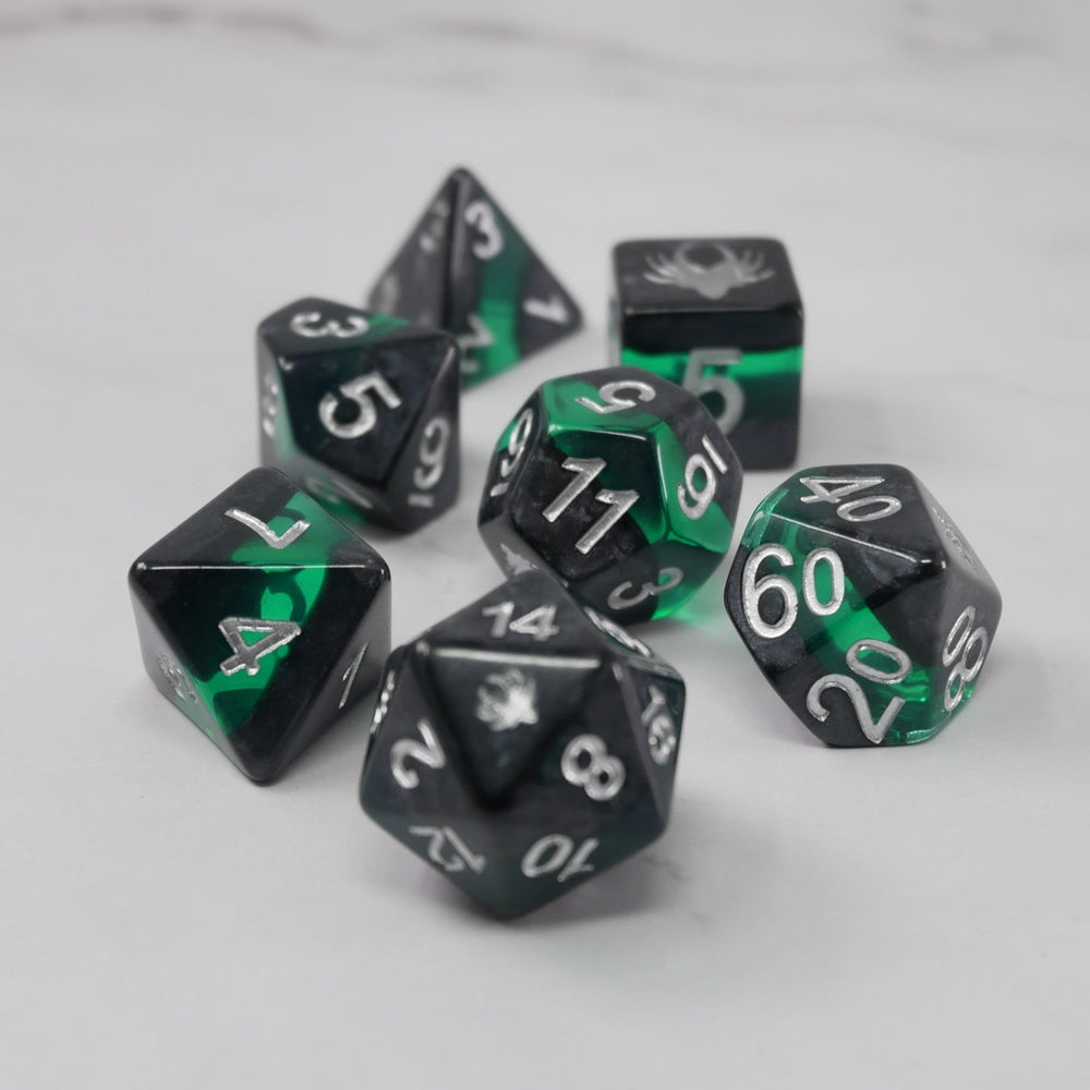 Forgotten Emerald - 7 Piece DnD Dice Set | Acrylic RPG Gaming Dice (ONLINE ORDER ONLY)