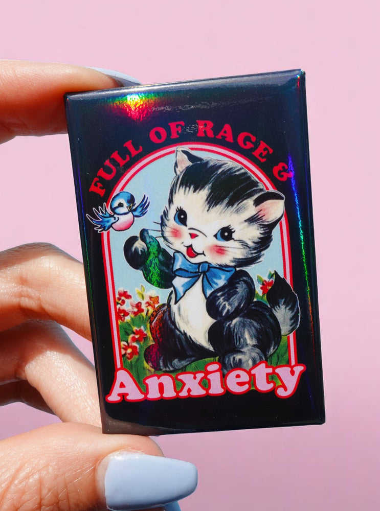 Full of Rage & Anxiety Holographic Pin – Vintage Angry Cat Enamel Pin (Online Order Only)