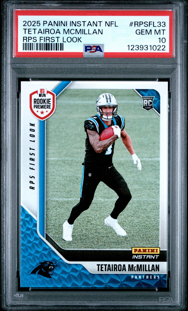 Graded 2025 Panini Instant Tetairoa McMillan #RPSFL33 RPS First Look Rookie RC Football Card PSA 10 Gem Mint (ONLINE ORDER ONLY)
