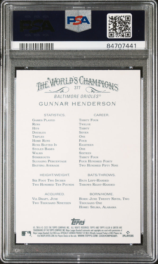 2023 TOPPS ALLEN & GINTER GUNNAR HENDERSON  #377 - PSA 10 (Online Order Only)