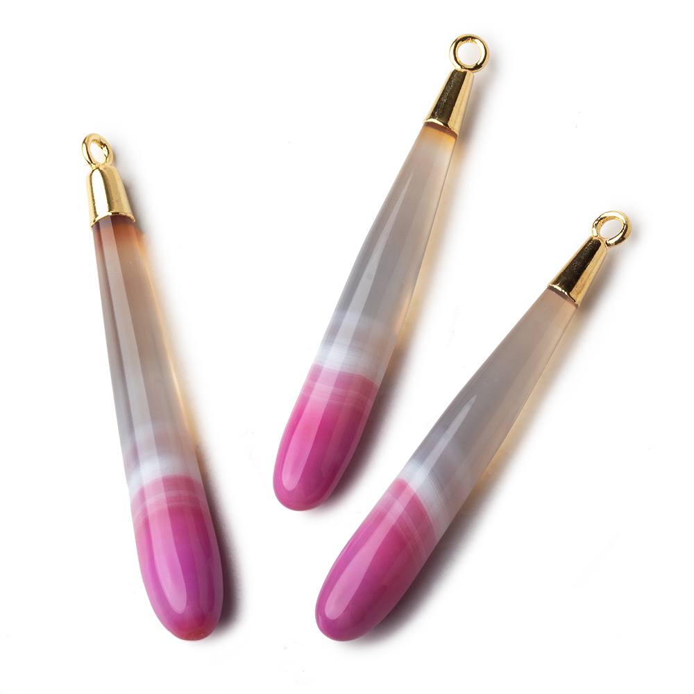 Gold Leafed Hot Pink Banded Agate tear drop Pendant 1 focal bead 40x7mm (ONLINE ORDER ONLY)