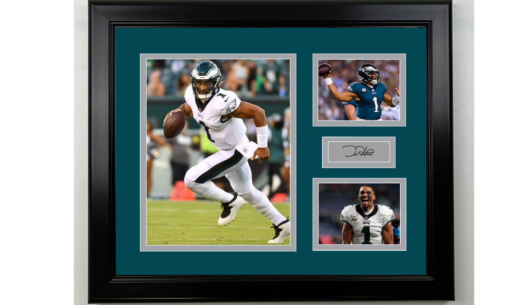 Framed Philadelphia Eagles Jalen Hurts Facsimile Laser Engraved Signature Football 14x11 3 Photo Collage (ONLINE ORDER ONLY)