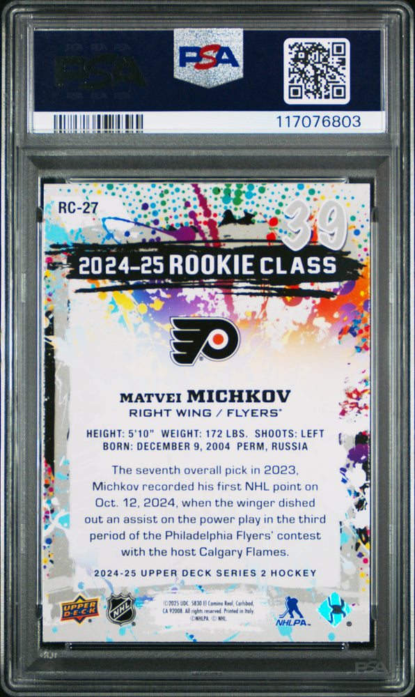 Graded 2024 Upper Deck Matvei Michkov #RC27 Rookie Commemorative Class Rookie RC Hockey Card PSA 10 Gem Mint (ONLINE ORDER ONLY)