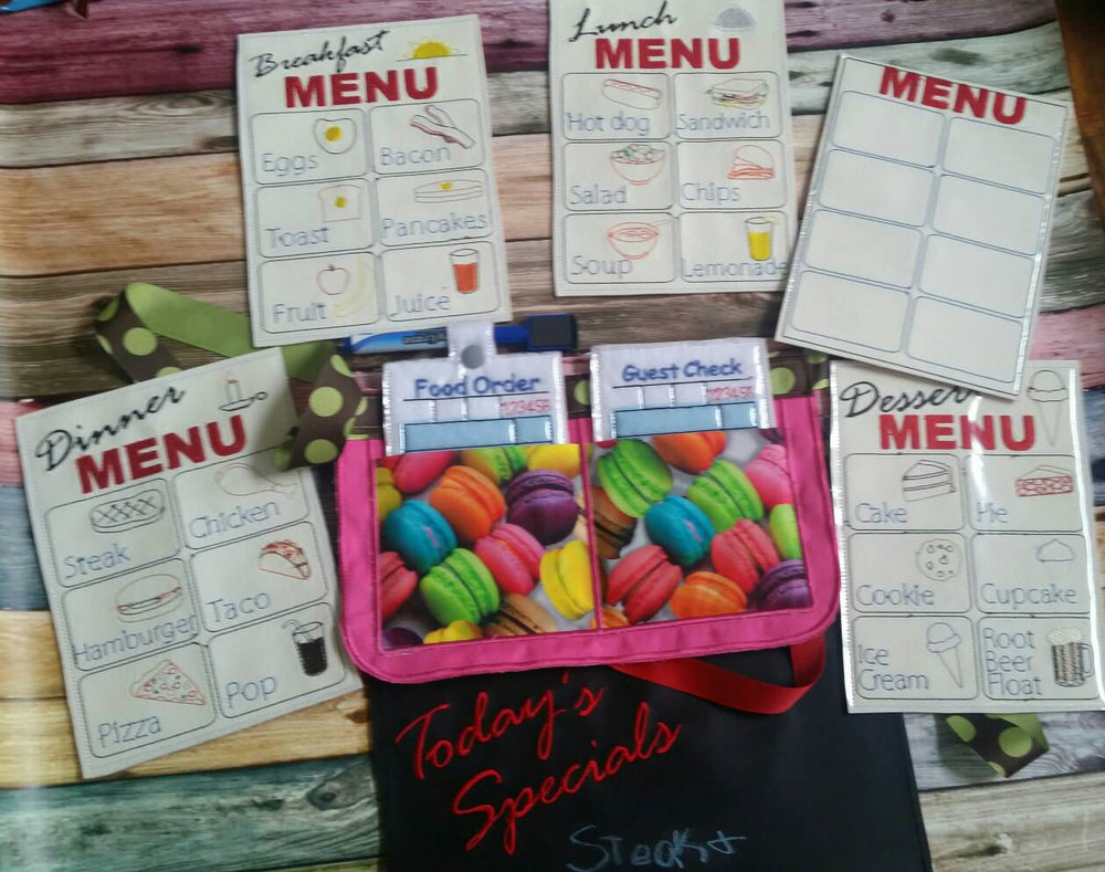 Waitress play set - Restaurant toys - Restaurant play set - pretend restaurant - pretend menus - pretend play - play kitchen- pocket apron (ONLINE ORDER ONLY)