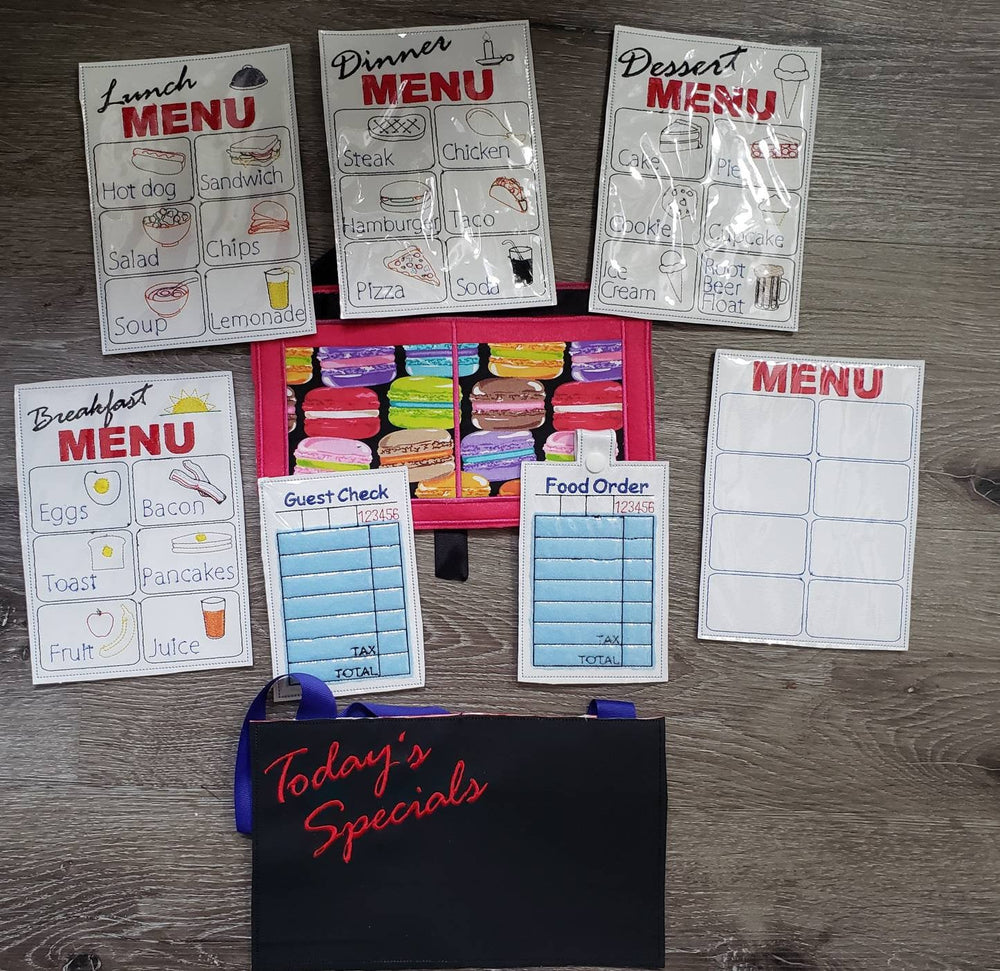 Waitress play set - Restaurant toys - Restaurant play set - pretend restaurant - pretend menus - pretend play - play kitchen- pocket apron (ONLINE ORDER ONLY)