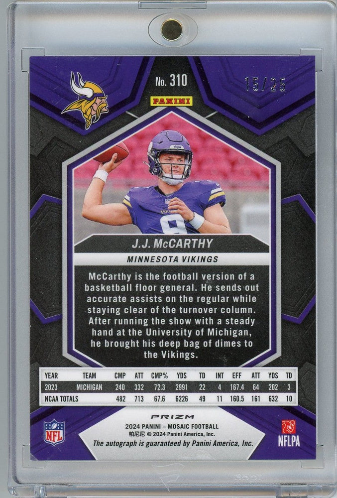 2024 Panini Mosaic White JJ McCarthy #310 /25 Auto Rookie RC Football Card (ONLINE ORDER ONLY)