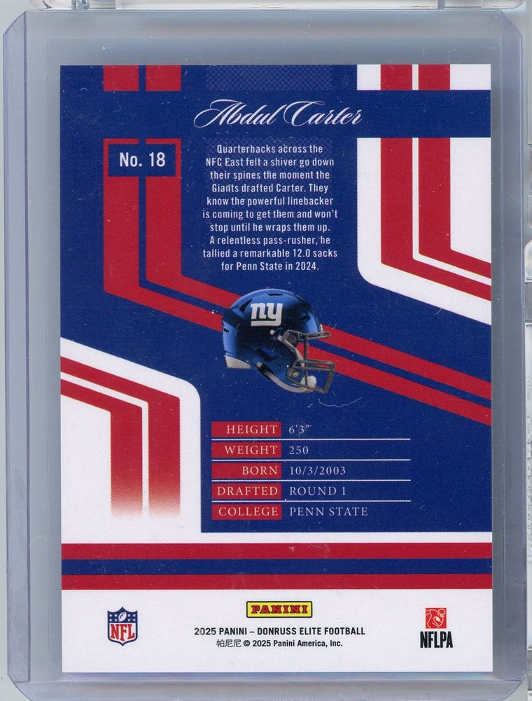 2025 Panini Donruss Elite Silver Abdul Carter #18 /299 New York Giants Rookie RC Football Card (ONLINE ORDER ONLY)