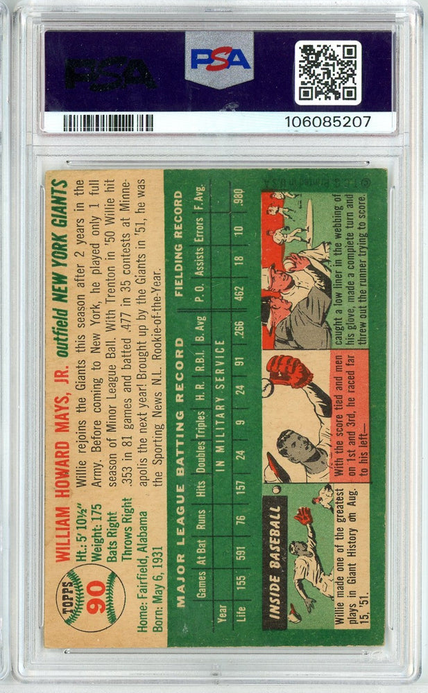 Graded 1954 Topps Willie Mays #90 Baseball Card PSA 3 Very Good (ONLINE ORDER ONLY)