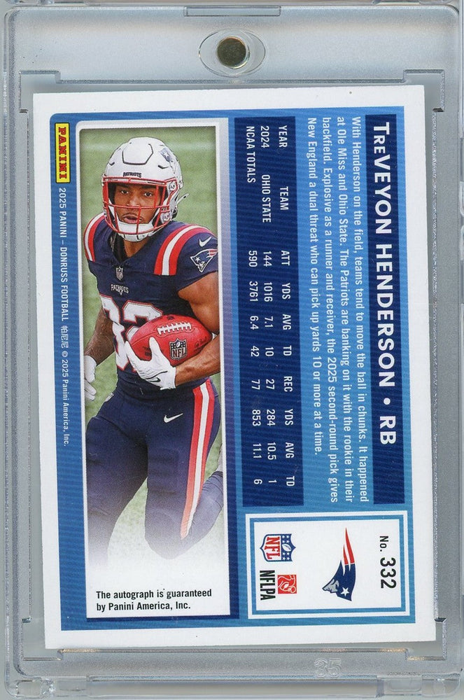 2025 Panini Donruss TreVeyon Henderson #332 /199 Auto New England Patriots Rookie RC Football Card (ONLINE ORDER ONLY)