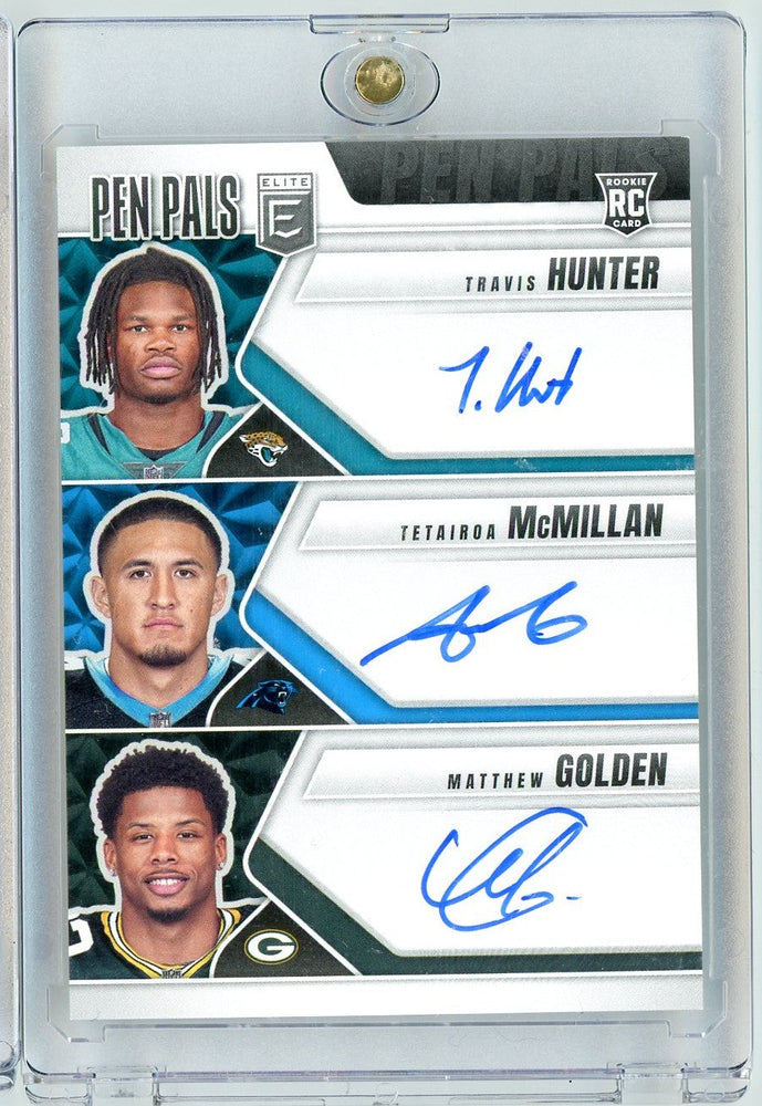 2025 Donruss Elite Pen Pals Travis Hunter/Tetairoa McMillan/Matthew Golden #PPT4 Triple Auto Rookie RC Football Card (ONLINE ORDER ONLY)