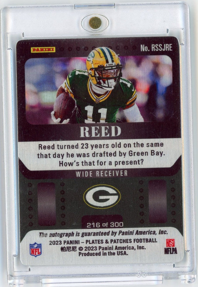 2023 Panini Plates & Patches Jayden Reed #RSSJRE Auto /300 Green Bay Packers Rookie RC Football Card (ONLINE ORDER ONLY)