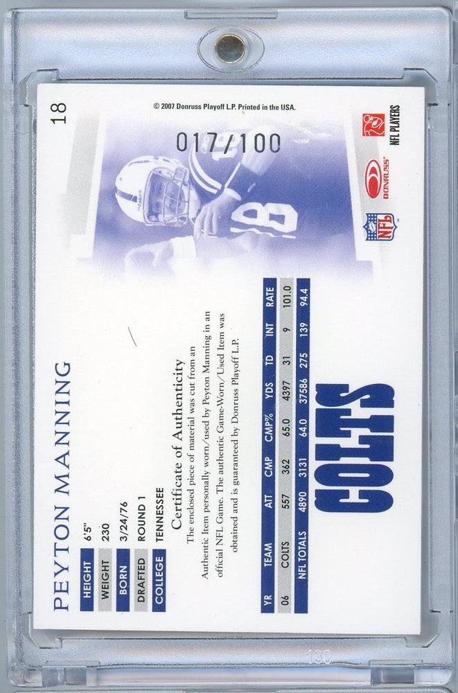 2007 Donruss Threads Peyton Manning #18 /100 Player Worn Relic Football Card (ONLINE ORDER ONLY)