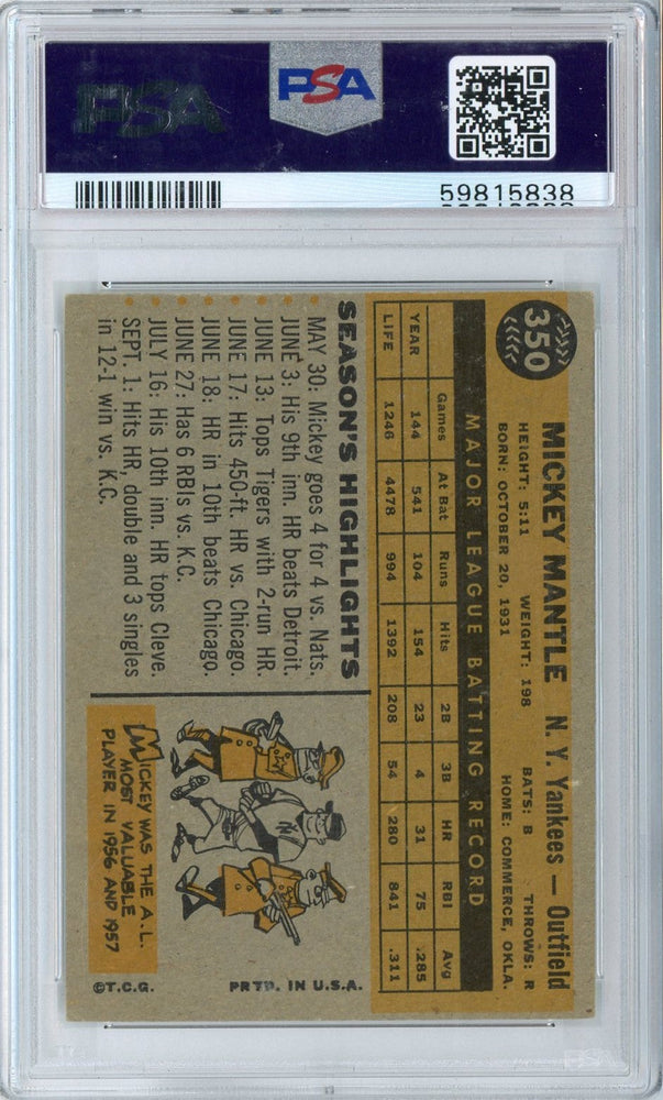Graded 1960 Topps Mickey Mantle #350 Baseball Card PSA 5 Excellent (ONLINE ORDER ONLY)