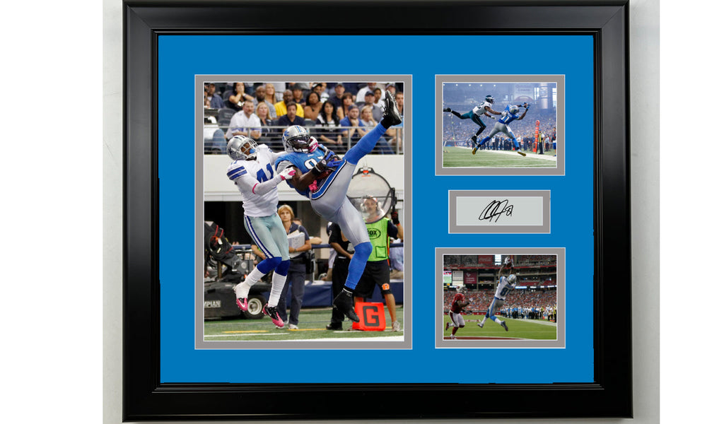 Framed Calvin Johnson Detroit Lions Facsimile Laser Engraved Signature Football 14x11 3 Photo Collage (ONLINE ORDER ONLY)