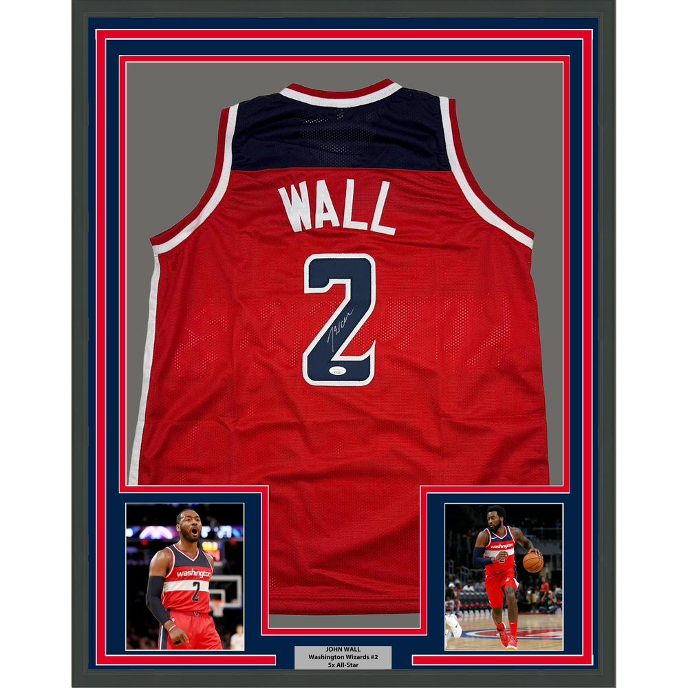 Framed Autographed/Signed John Wall 35x39 Washington Red Basketball Jersey JSA COA (ONLINE ORDER ONLY)