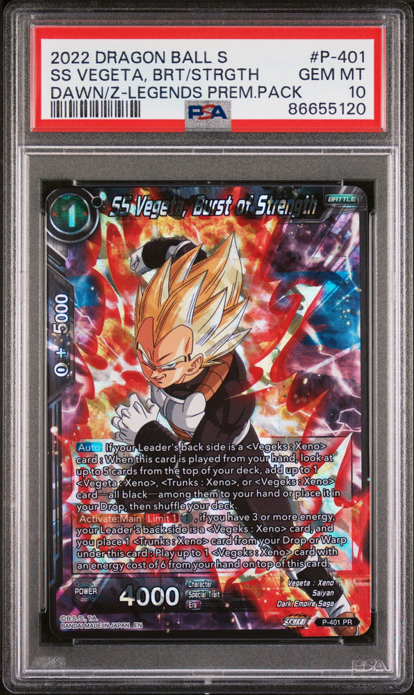 2022 DRAGON BALL SUPER DAWN OF THE Z-LEGENDS SS VEGETA, BRS/STRGTH #P-401 PSA 10 (Online Order Only)