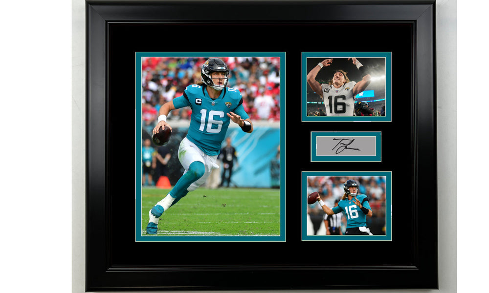 Framed Trevor Lawrence Jacksonville Jaguars Facsimile Laser Engraved Signature Football 14x11 3 Photo Collage (ONLINE ORDER ONLY)