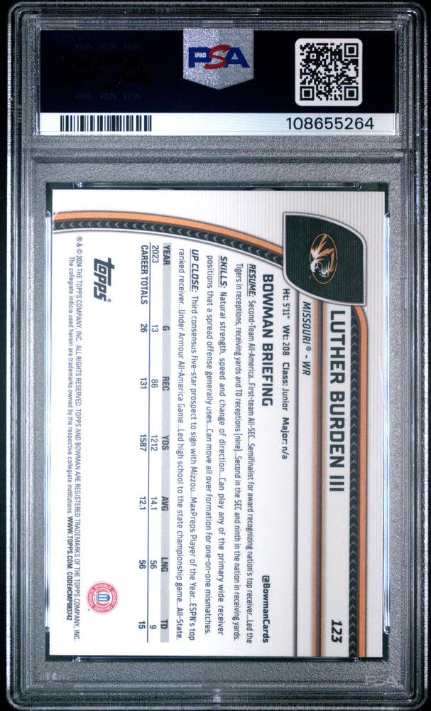 Graded 2024 Topps Bowman U Chrome Luther Burden III #123 Rookie RC Football Card PSA 10 Gem Mint (ONLINE ORDER ONLY)