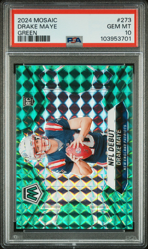 Graded 2024 Panini Mosaic Drake Maye #273 Green Rookie RC Football Card PSA 10 Gem Mint (ONLINE ORDER ONLY)