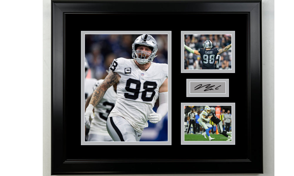 Framed Maxx Crosby Las Vegas Raiders Facsimile Laser Engraved Signature Football 14x11 3 Photo Collage (ONLINE ORDER ONLY)