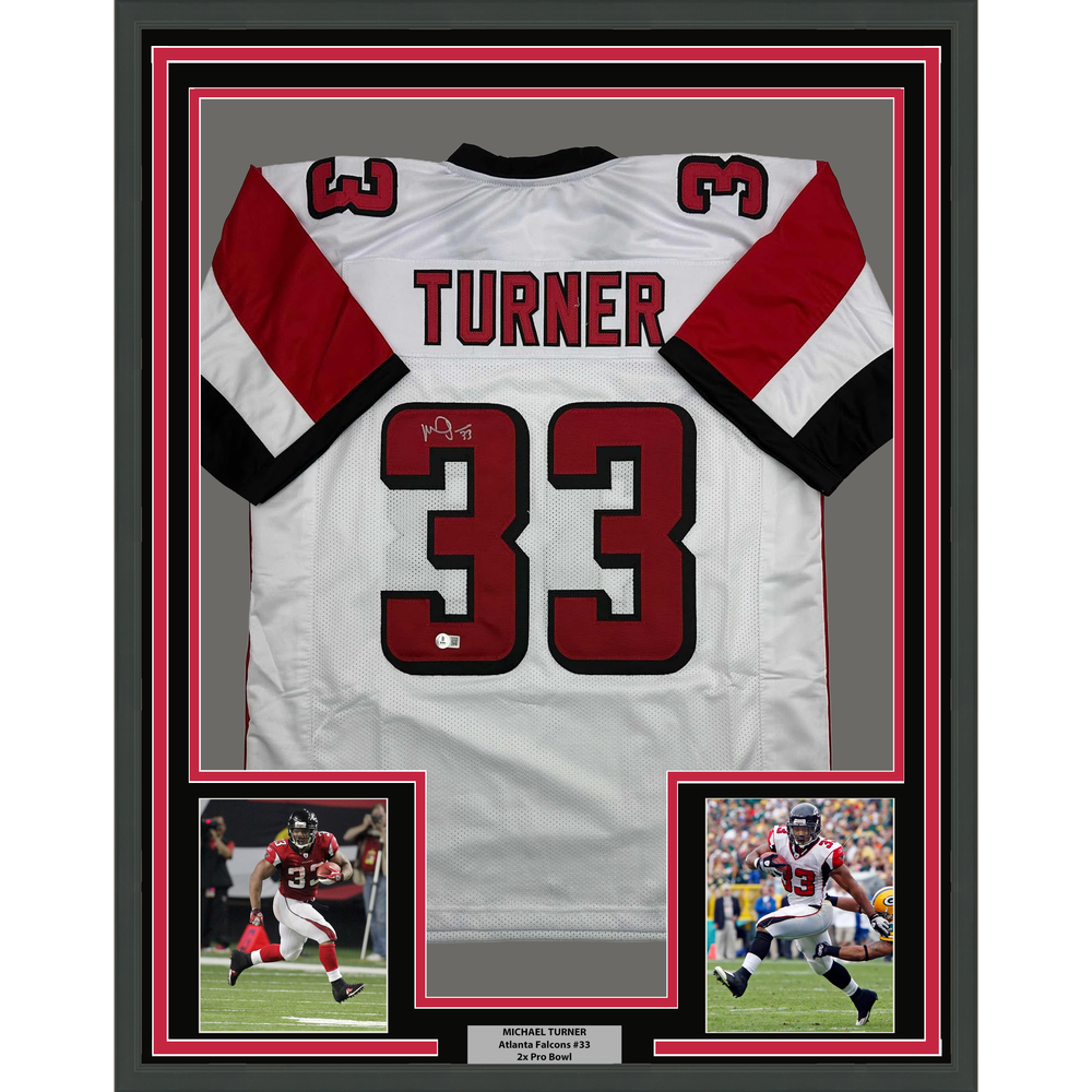 Framed Autographed/Signed Michael Turner 35x39 Atlanta White Football Jersey Beckett BAS COA