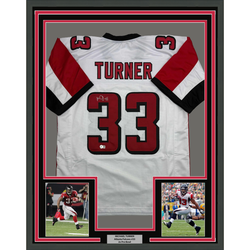 Framed Autographed/Signed Michael Turner 35x39 Atlanta White Football Jersey Beckett BAS COA