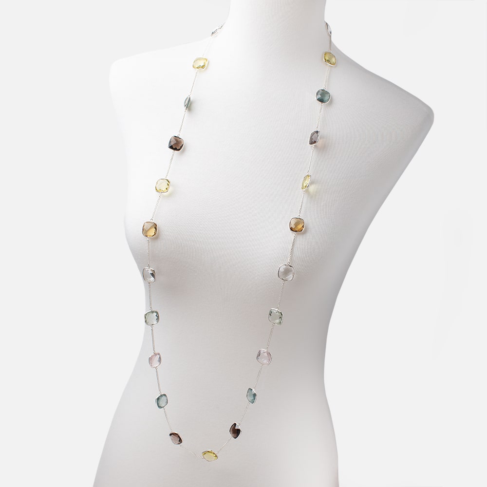 Multi Gemstone Faceted Cushion .925 Silver Bezel Chain Necklace AAA (ONLINE ORDER ONLY)