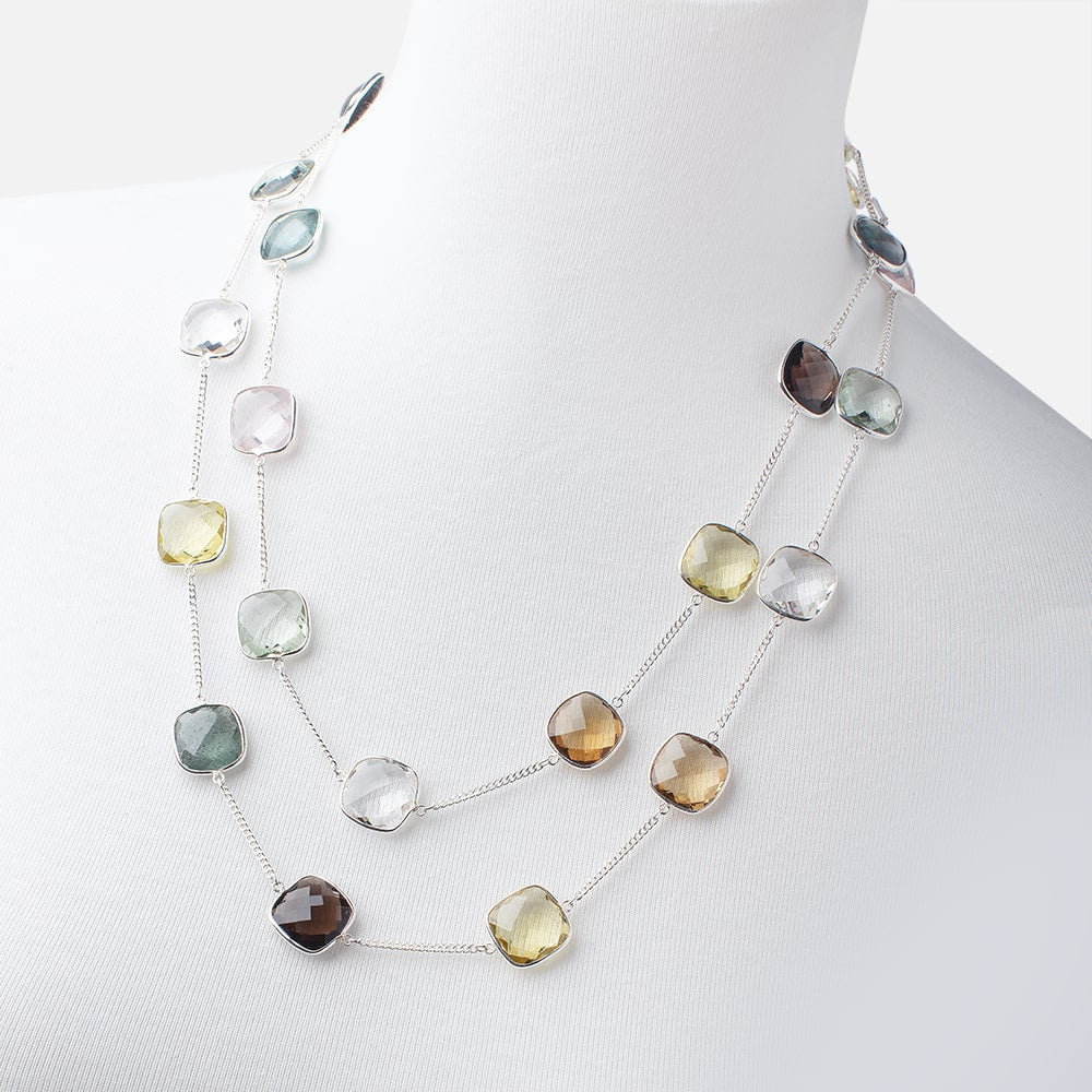 Multi Gemstone Faceted Cushion .925 Silver Bezel Chain Necklace AAA (ONLINE ORDER ONLY)