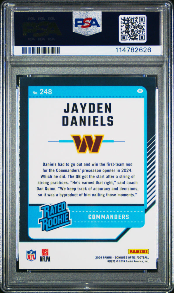 Graded 2024 Panini Donruss Optic Jayden Daniels #248 Rookie RC Football Card PSA 10 Gem Mint (ONLINE ORDER ONLY)