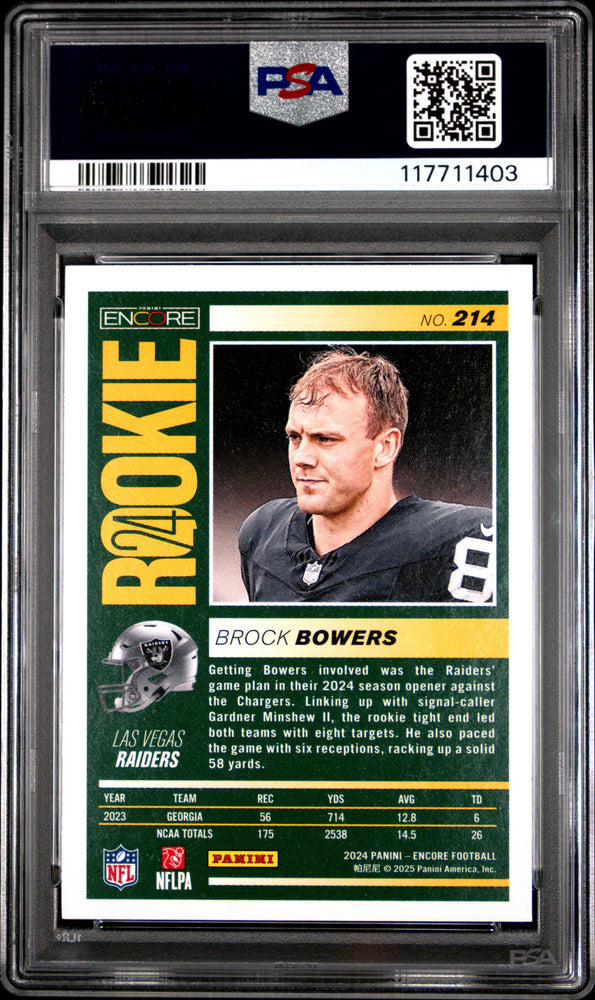 Graded 2024 Panini Encore Brock Bowers #214 Rookie RC Football Card PSA 8 Near Mint (ONLINE ORDER ONLY)